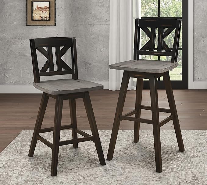 Amsonia Collection Counter Height Swivel Chairs Set of 2, Black Gray, Solid Rubberwood Dining Chairs for Kitchen Island Bar