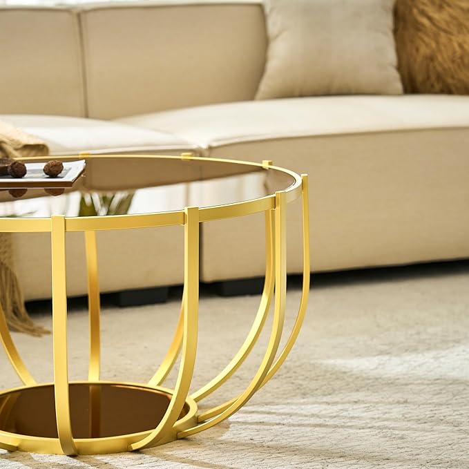 Saint Mossi 30" Glass Round Coffee Table for Living Room, Mid Century Modern 2-Tier Gold Drum Center Table, Brown Glass Top, Brown Mirror Shelf and Gold Frame, W30xH16.5