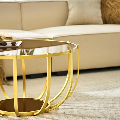 Saint Mossi 30" Glass Round Coffee Table for Living Room, Mid Century Modern 2-Tier Gold Drum Center Table, Brown Glass Top, Brown Mirror Shelf and Gold Frame, W30xH16.5