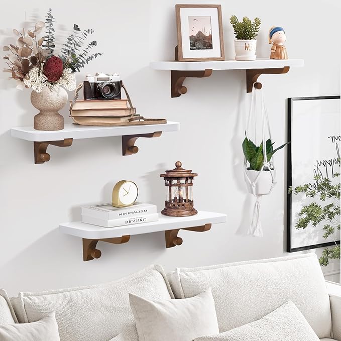 Wooden Floating Shelves for Wall, 15.7" W x 6" D x 0.6" H Large Wall Shelves, Hanging Storage Shelf with Hooks for Living Room, Kitchen, Bathroom, Bedroom Decor, Walnut, 3 Packs