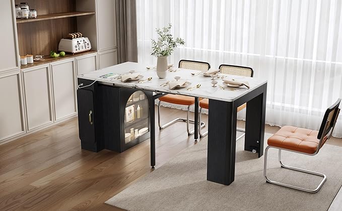 Extendable Dining Table with 3 Removable Middle Leaves - Mobile Rolling Island Table with Power Outlet, Saving-Space Cabinet for Dining and Living Rooms (Black and Marble White)