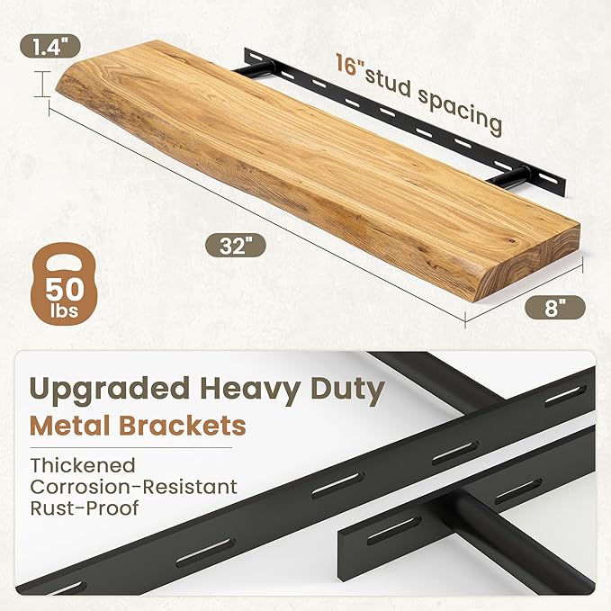 Fun Memories Floating Shelves for Wall Decor Set of 2-32 Inch Solid Elm Wood Live Edge - Rustic Natural Wall Shelves with Invisible Brackets - for Living Room, Bedroom, Kitchen - Natural Finish