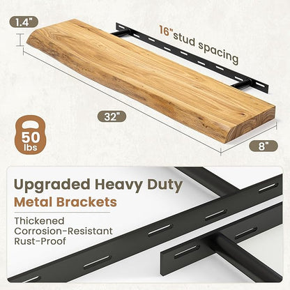 Fun Memories Floating Shelves for Wall Decor Set of 2-32 Inch Solid Elm Wood Live Edge - Rustic Natural Wall Shelves with Invisible Brackets - for Living Room, Bedroom, Kitchen - Natural Finish