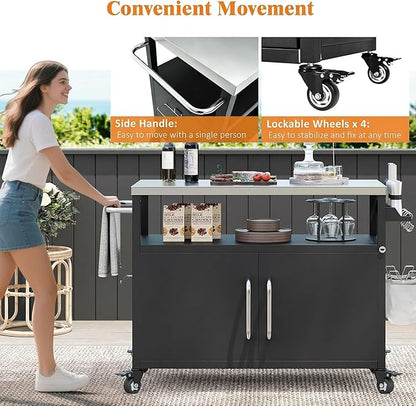Casaphoria 54.5" Outdoor Kitchen Island, Stainless Steel Countertop BBQ Grill Cart Bar Cart with Storage Cabinet, Spice Rack, Towel Holder, 4 Lockable Wheels Bar Carts for Patio Lawn Garden BBQ