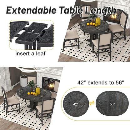 Ball & Cast Farmhouse Extendable Dining Table for 4-6, 42"-56" Extendable Kitchen-Table with a 14" Leaf, Round Ellipse Retro Wood Dining Room-Table w/Removable Leaves,Space Saving, Espresso