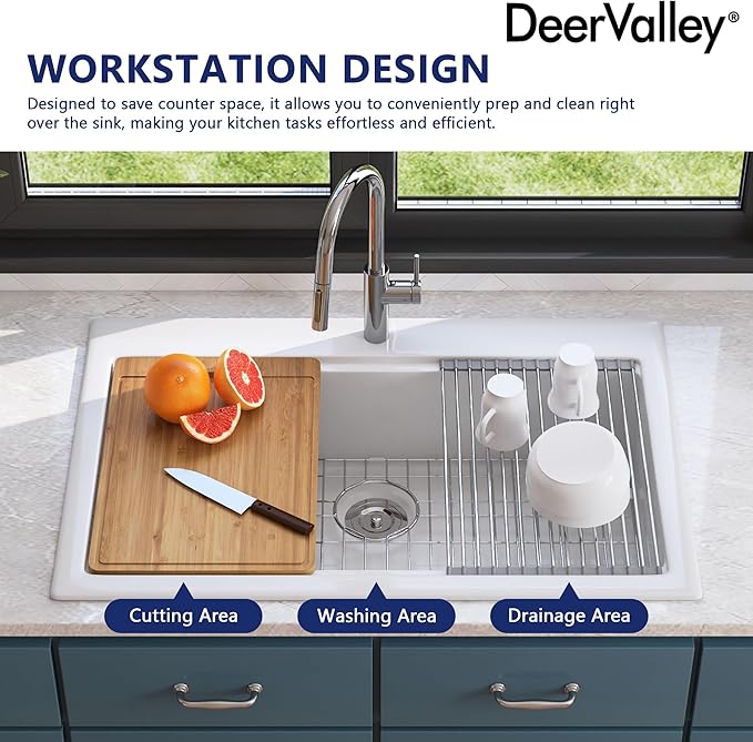 DeerValley 33 inch Workstation Kitchen Sink White Fireclay Undermount Farmhouse Sinks Single Bowl Deep Drop-in Modern Sink with Workstation Accessories