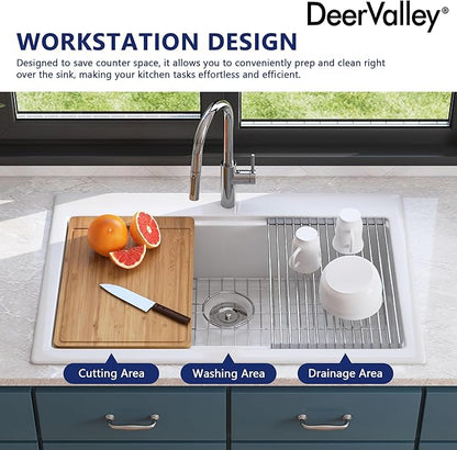 DeerValley 33 inch Workstation Kitchen Sink White Fireclay Undermount Farmhouse Sinks Single Bowl Deep Drop-in Modern Sink with Workstation Accessories