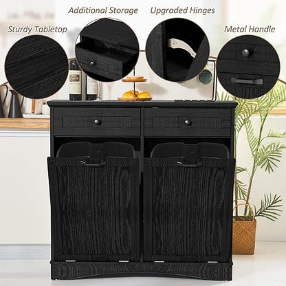 Double Tilt Out Trash Cabinet Freestanding Wooden Garbage Can Cabinet with Hideaway Drawers, 2x13 Gallons Pet Proof Garbage Can Holder for Kitchen Living Room, Dark Black