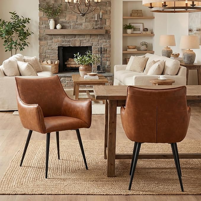 Brown PU Leather Chair, Upholstered Dining Room Chairs with Arms Set of 4 Mid Century Modern Kitchen Chair with Black Metal Legs Comfy Desk Armchair for Restaurant