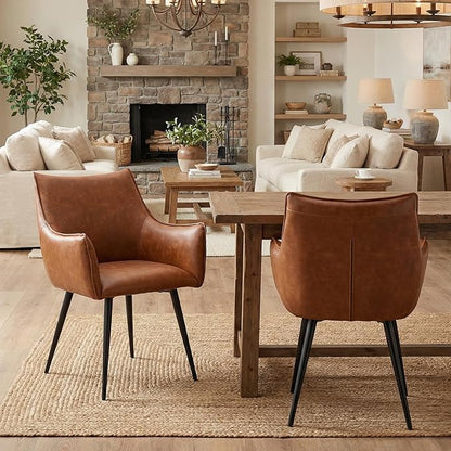 Brown PU Leather Chair, Upholstered Dining Room Chairs with Arms Set of 4 Mid Century Modern Kitchen Chair with Black Metal Legs Comfy Desk Armchair for Restaurant