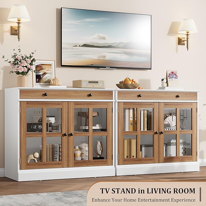 GarveeHome 35.4 in Sideboard Buffet Cabinets with Glass Door, Buffet Cabinet with Storage, White&Brown Sideboard Cabinet with Drawer, Modern Buffets & Sideboards for Dining Room, Kitchen