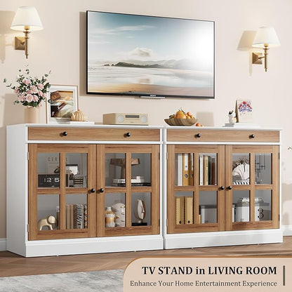 GarveeHome 35.4 in Sideboard Buffet Cabinets with Glass Door, Buffet Cabinet with Storage, White&Brown Sideboard Cabinet with Drawer, Modern Buffets & Sideboards for Dining Room, Kitchen