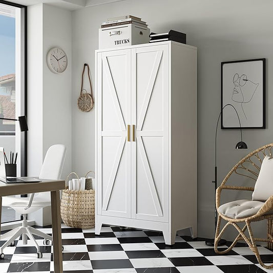Bevivog 61" Metal Storage Cabinet with Doors and Shelves, Farmhouse Tall Bathroom Cabinets Freestanding, White Metal Pantry Cabinet for Kitchen, Living Room, Home Office