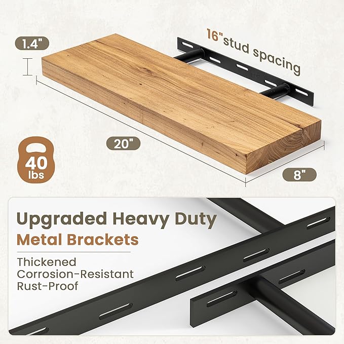 Fun Memories Solid Elm Wood Floating Shelves Set of 2-20 Inch Rustic Wall Shelves with Heavy-Duty Invisible Brackets - for Living Room, Kitchen, Bedroom, Bathroom - Natural Finish