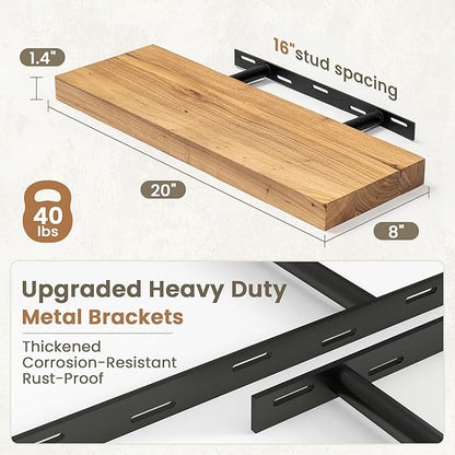 Fun Memories Solid Elm Wood Floating Shelves Set of 2-20 Inch Rustic Wall Shelves with Heavy-Duty Invisible Brackets - for Living Room, Kitchen, Bedroom, Bathroom - Natural Finish