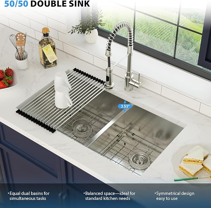 33 Inch Undermount Double Bowl Kitchen Sink 16 Gague 304 Stainless Steel Double Handmade Sinks 50/50 Large Deep Double Bowl Sinks 33"x19"x10"