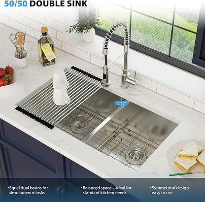 33 Inch Undermount Double Bowl Kitchen Sink 16 Gague 304 Stainless Steel Double Handmade Sinks 50/50 Large Deep Double Bowl Sinks 33"x19"x10"