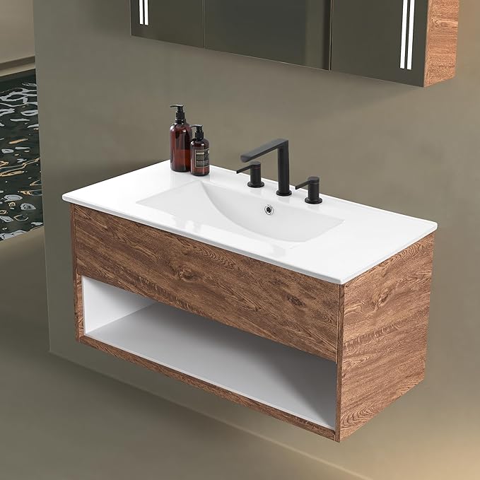 JONATHAN Y SNK1003A Ancillary 3-Hole 36 in. W x 18.25 in. D Classic Contemporary Rectangular Ceramic Single Sink Basin Vanity Top, White