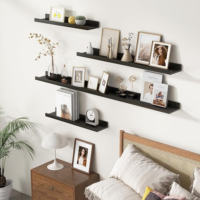 FLYJOE Picture Ledge Wall Shelves 16 inches Width Set of 3, Solid Pine Wood Rustic Floating Ledge Shelves for Wall for Kids' Room Bedroom Kitchen Bathroom Living Room Nursery Display Decor, Black