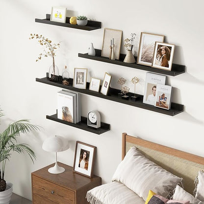 FLYJOE Picture Ledge Wall Shelves 16 inches Width Set of 3, Solid Pine Wood Rustic Floating Ledge Shelves for Wall for Kids' Room Bedroom Kitchen Bathroom Living Room Nursery Display Decor, Black