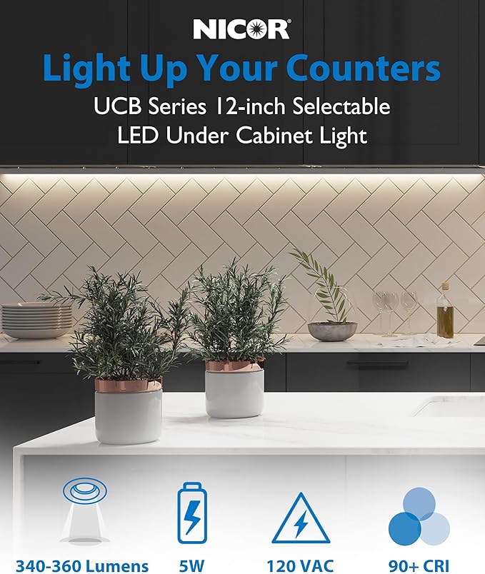 12” LED Direct Wire Under Cabinet Light - Dimmable Undercounter LED Lights for Kitchen - Selectable CCT 2700K-5000K, 340-360 Lumens, 5W - UCB Series Hardwired Under Cabinet Lighting by NICOR Lighting