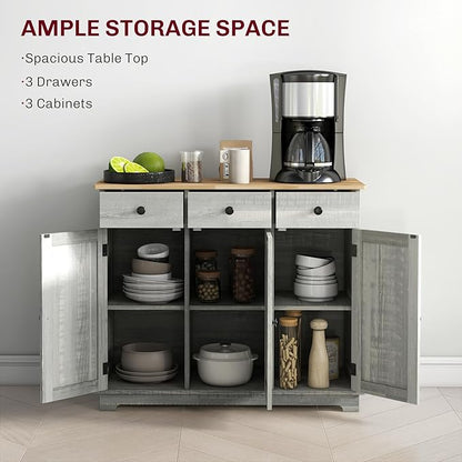 HOMCOM Sideboard Buffet Cabinet with Solid Wood Countertop, Modern Kitchen Storage Cabinet, Coffee Bar Cabinet with 3 Drawers, Doors and Adjustable Shelf, Distressed Light Gray
