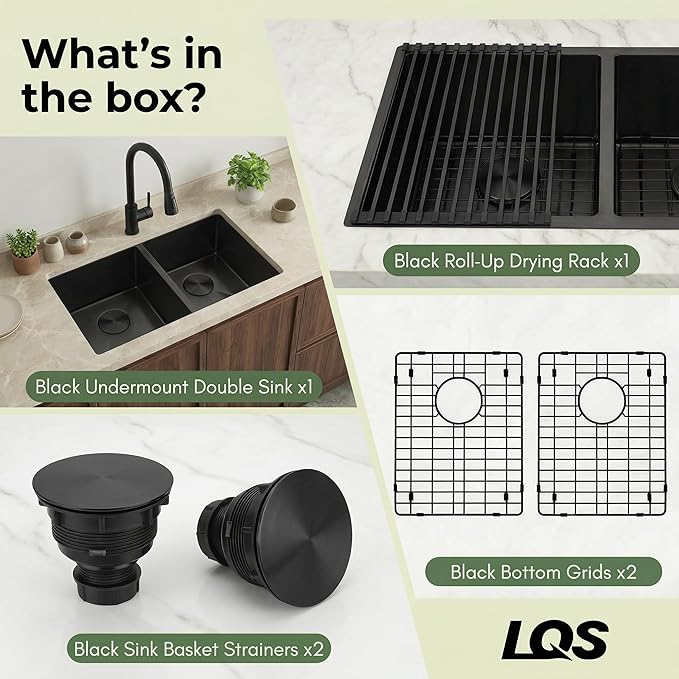 LQS Black Undermount Kitchen Sink 32 Inch, Black Kitchen Sink Undermount 32" x 18", 50/50 Double Bowl 16 Gauge Stainless Steel Sinks with Roll-up Dying Rack and Accessories, R10 Round Corner