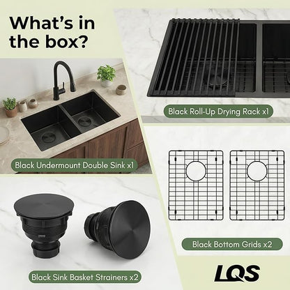 LQS Black Undermount Kitchen Sink 32 Inch, Black Kitchen Sink Undermount 32" x 18", 50/50 Double Bowl 16 Gauge Stainless Steel Sinks with Roll-up Dying Rack and Accessories, R10 Round Corner