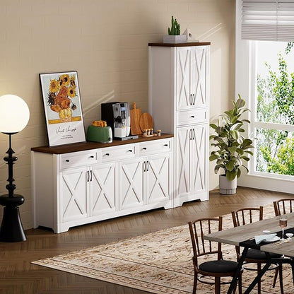 Lyromix 3 Pieces Sideboard and Pantry Set with Storage, Brown Farmhouse Wall Unit Entertainment Center, Large Kitchen Sideboard Buffet Pantry Cabinet with Drawers