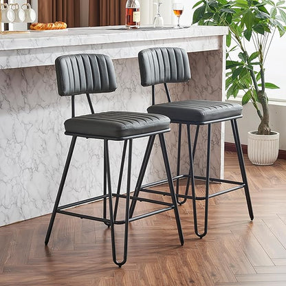 Bar Stools Set of 2, Counter Height Chairs with PU Leather Upholstery Metal Frame, Vintage Bar Chairs with Backrest Footrest for Kitchen Island, Dining Room, Home Bar, Grey