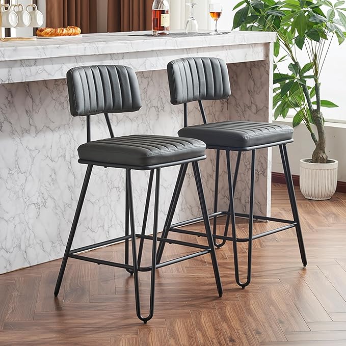 Bar Stools Set of 2, Counter Height Chairs with PU Leather Upholstery Metal Frame, Vintage Bar Chairs with Backrest Footrest for Kitchen Island, Dining Room, Home Bar, Grey