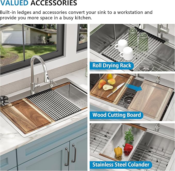 33"x22" Drop In Kitchen Sink Ledge Workstation – 16 Gauge 304 Stainless Steel, Single Bowl Overmount Top Mount Sink Basin with Faucet Combo & Glass Rinser