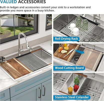 33"x22" Drop In Kitchen Sink Ledge Workstation – 16 Gauge 304 Stainless Steel, Single Bowl Overmount Top Mount Sink Basin with Faucet Combo & Glass Rinser