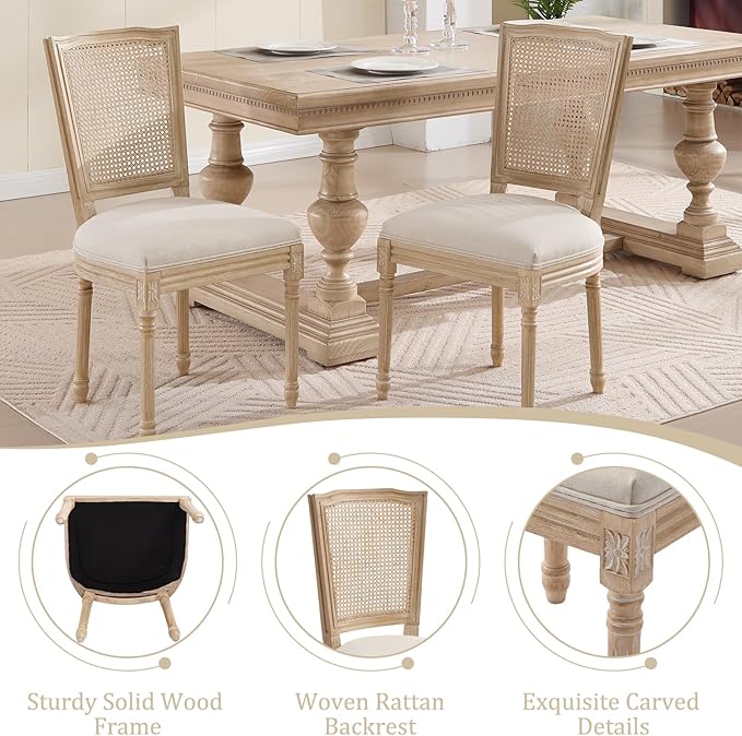 Farmhouse Vintage Dining Chairs Set of 4, Linen Fabric Dining Chairs with Square Rattan Backrest, Kitchen & Dining Room Chairs for Restaurant/Living Room (Beige-Rattan, Set of 4)