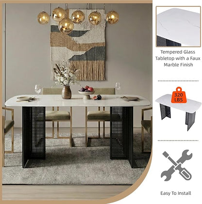 51" White Marble Dining Table, 4-6 Person Modern Kitchen Dining Room Tables with Marble Pattern Tempered Glass Top and Black Hollow-Out Metal Base, Space Saving Rectangle Dinner Table for Home