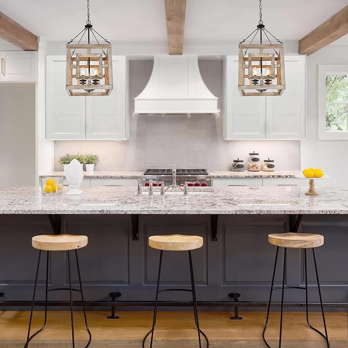 Farmhouse Chandelier, Rustic Square Wood Pendant Chandeliers Haning Light Fixture for Dining Room, Bedrooms, Living Room, Entryway