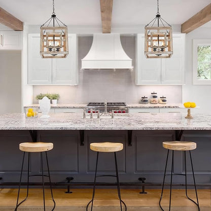 Farmhouse Chandelier, Rustic Square Wood Pendant Chandeliers Haning Light Fixture for Dining Room, Bedrooms, Living Room, Entryway