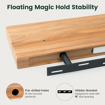 24 Inch Flat Edge Floating Shelves, 8 Inch Deep Solid Elm Wood Wall Shelf, Heavy-Duty Wall Mounted Shelf with Invisible Brackets for Living Room, Bathroom, Kitchen, Set of 2, Natural Color