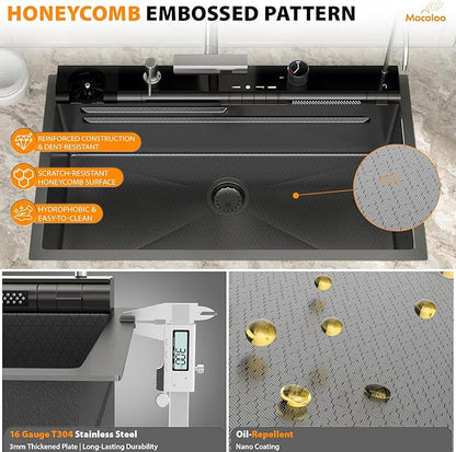 Mocoloo 33 Inch Black Honeycomb Waterfall Kitchen Sink Drop in, 33x19 Inch Stainless Steel Workstation Sink 16 Gauge Topmount Single Bowl LED Display Sink with Complete Kit