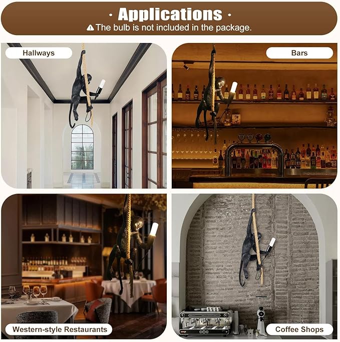 Vintage Monkey Pendant Light, Retro Resin Hemp Rope Monkey Lamp, Creative Monkey Chandelier E26 for Dining Living Room Bedroom Bar Cafe Decorative Hanging Lamp, Black (Black)