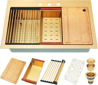LQS Gold Kitchen Sink 33x22, Gold Drop In Kitchen Sink with 3 Holes, 33 Inch Large Top Mount Stainless Steel Handmade Sturdy 16 Gauge T304 with Abundant Accessories, R10 Round Corner