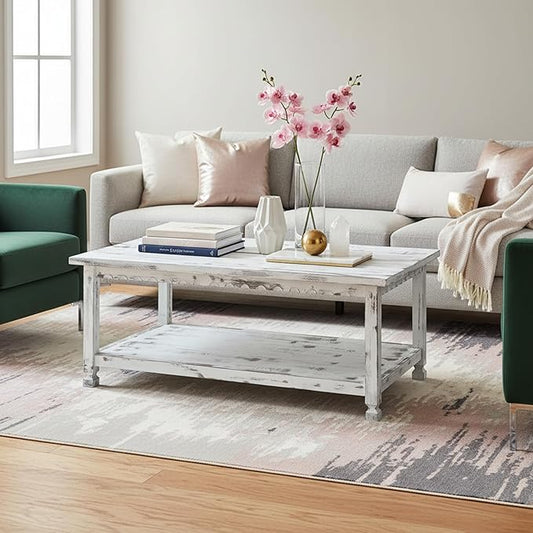 Country Cottage 42-Inch Farmhouse Coffee Table with Storage Shelf and White Antique Finish for Living Room or Family Room by Alaterre Furniture