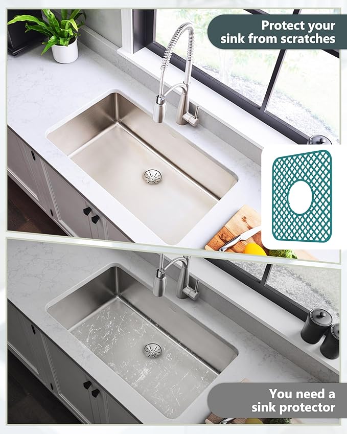 2 Pack Silicone Sink Protector for Kitchen Sink, Trellis Pattern 12 x 11" Sink Grid Mat Silicone Protectors, Center Drain, Green