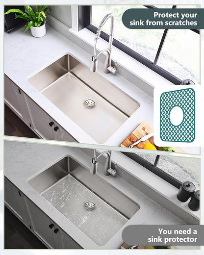 2 Pack Silicone Sink Protector for Kitchen Sink, Trellis Pattern 12 x 11" Sink Grid Mat Silicone Protectors, Center Drain, Green