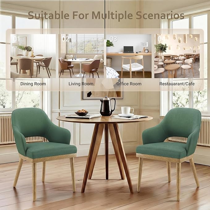 MALOL Wooden Dining Chairs Set of 4, Modern Fabric Upholstered Dining Room Chair, Kitchen Side Chairs, Farmhouse Dinner Chair with Open Back for Kitchen, Green