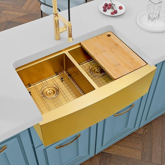 Gold Farmhouse Sink 33" X 20",Gold Kitchen Sink Double Bowl,33 inch Apron-Front Farmhouse Workstation Sinks,16 Gauge Stainless Steel Double Kitchen Sink