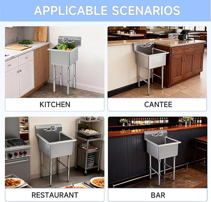 ROCKPOINT Stainless Steel Prep & Utility Sink with 8" Faucet, 1 Compartment Commercial Handmade Sink with 15" D x 15" W x 12" H Bowl for Restaurant,Kitchen,Laundry,Hotel and Home