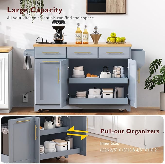 Merax 59.3" Grey Blue Kitchen Island with Storage, 2 Pull Out Cabinet Organizers & Rubber Wood Drop Leaf, Rolling Island Table with Trash Can Storage, Power Outlet, Spice Rack for Kitchen Dining