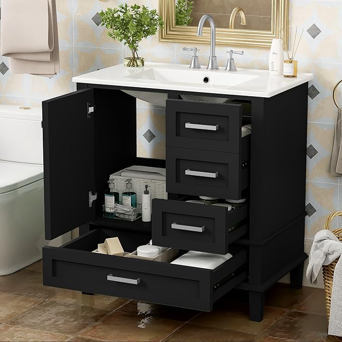 GDFStudio 30" Bathroom Vanity Sink Combo with 3 Drawers & 1 Soft Closing Door Floor Mount Freestanding Wood Bathroom Storage Cabinet Set with Ceramic Basin Sink Top for Small Bathroom Space, Black