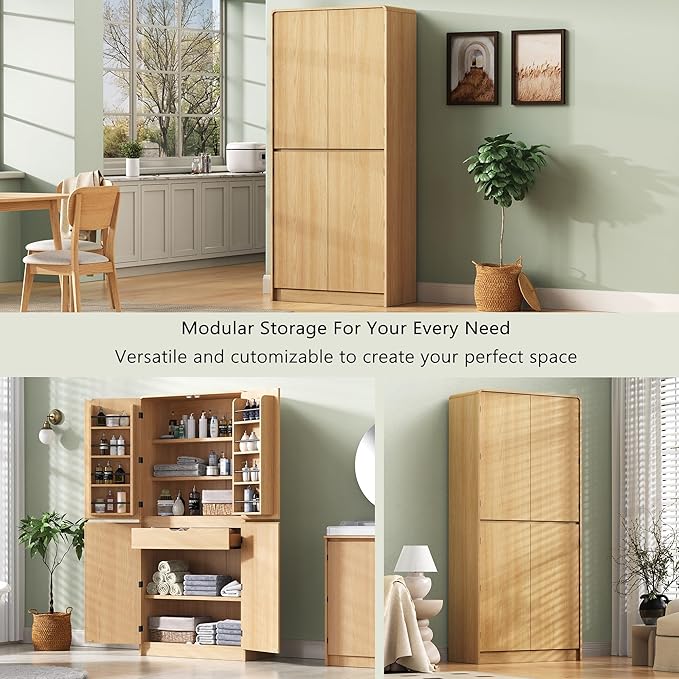 Amposei 72’’ Tall Kitchen Pantry Cabinet with Drawer & Adjustable Shelves, Modern Cupboard Storage Cabinet for Living Utility Room, Natural